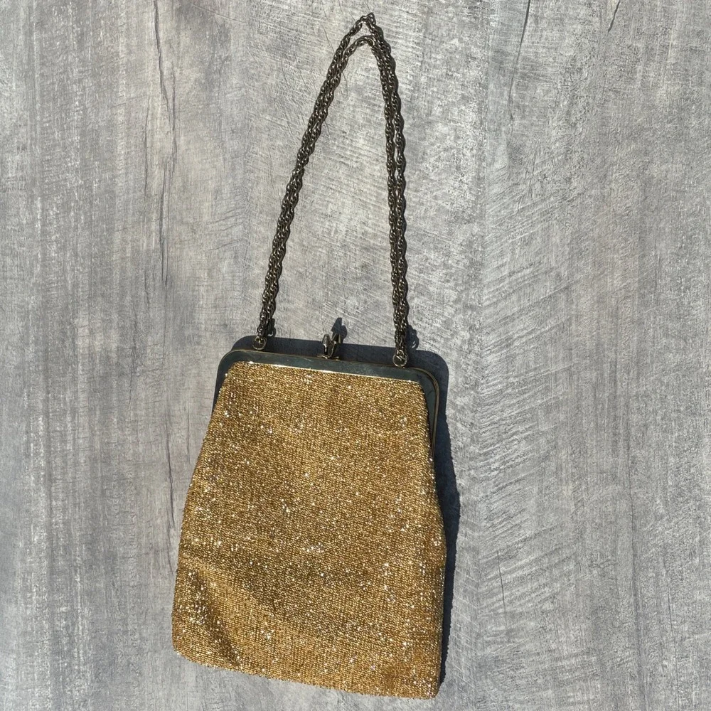 Vintage Harry Levine Gold Weave Evening Bag Kiss Lock Chain Strap Clutch Wedding
